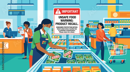 Grocery Store Staff Removing Contaminated Food During Product Recall, Flat Vector Illustration Style