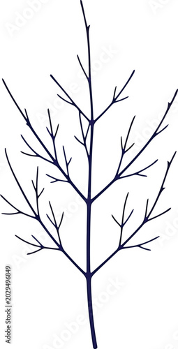 Minimalist black tree branch silhouette with small blue nodes on a simple clean graphic design illustration