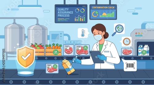 Quality inspector conducting safety checks at food processing factory production line vector illustration