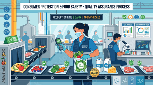 Inspectors monitoring food production line in industrial facility, high quality vector illustration.