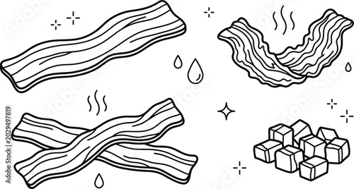 Quadro em tela Crispy Bacon Strips and Diced Pork Belly Lardon Icon Set with Hot Sizzling Cooki