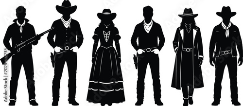 Foto Wild West silhouette collection, cowboy outline figure, gunslinger motif illustr
