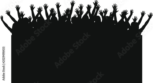 Silhouette of a large crowd of people with hands raised up in the air celebrating at a concert or music festival