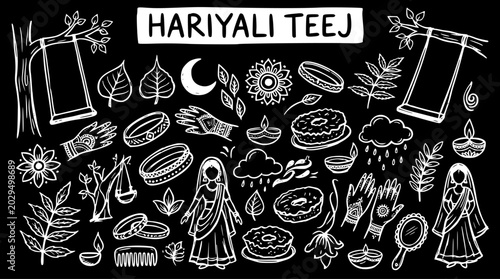 Schilderij op canvas Black and White Line Art Hariyali Teej Festival Doodle Set