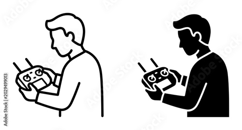 Drone Pilot Icon Set, Remote Control Operator, Aerial Photography Control, Technology Interface Graphics