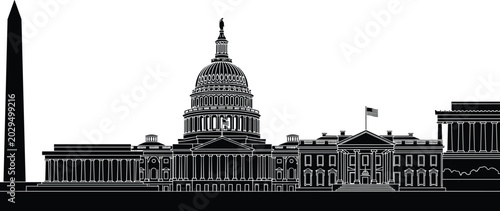 Tableau sur toile Washington DC landmark silhouette illustration set, Capitol White House Lincoln