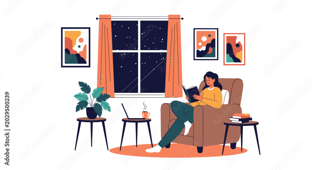 Fototapeta premium Relaxing scene of a person reading a book in a cozy armchair at night by a window with a laptop coffee and plants nearby.