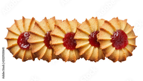 Konstfotografi Five star shaped butter cookies with red jam filling