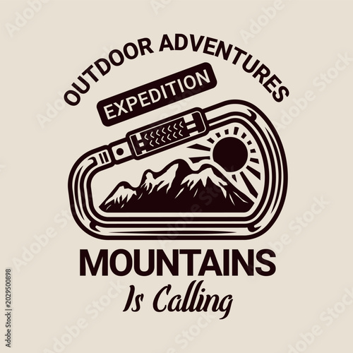 Engraved carabiner emblem with mountains and sun rays, monochrome vector illustration for mountaineering, tourism, and adventure clubs