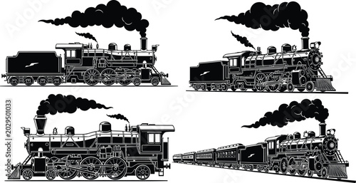 Bild auf Leinwand Vintage steam locomotive illustration, black and white train artwork, historical