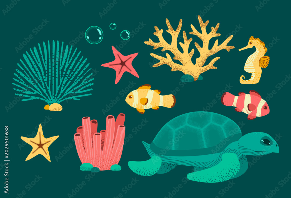 Fototapeta premium Coral reef clipart set with sea turtle, clownfish, seahorse, starfish and coral on teal background. Hand drawn underwater vector illustration.