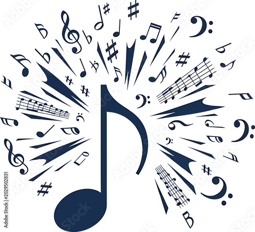Large dark blue musical note symbol surrounded by various musical notes and staff lines in a creative circular design