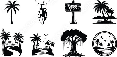 Photography Tropical jungle silhouette collection, palm tree outline figure, wildlife motif