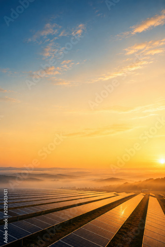 Sunrise over vast solar farm showcases renewable energy in action, highlighting beauty of sustainable technology and nature harmony