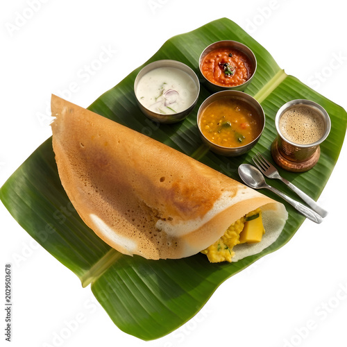 South indian dosa with sambar and chutney on transparent background