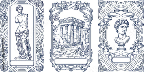 Schilderij op canvas Set of three ornate classical frames featuring ancient Greek statues, temple ruins, and intricate Victorian decorative borders for vintage design projects