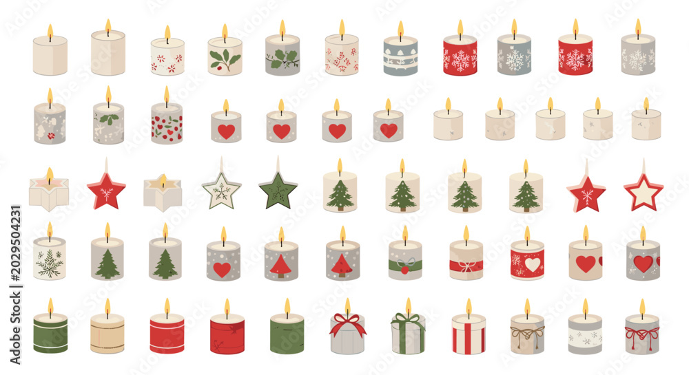 Fototapeta premium Large variety of small decorated candles in many colors and festive patterns for holiday celebrations, gifts, and home styling.