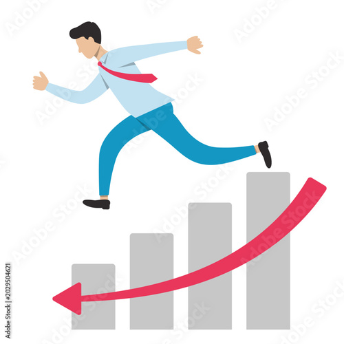 Stressed businessman in a tie jumping down over a decreasing bar graph with a red arrow showing company failure, economic crisis, bankruptcy and heavy financial loss concepts.