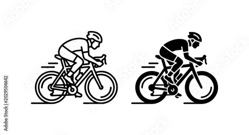 Cyclist racing on road bike, professional bicycle rider icons, sports vector