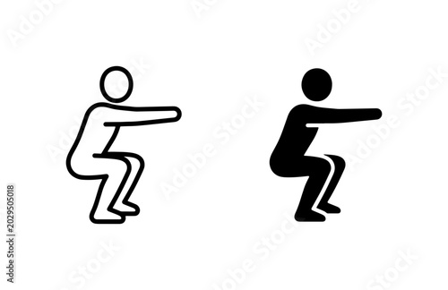 Squat exercise icon set, fitness workout vector, person squatting symbols