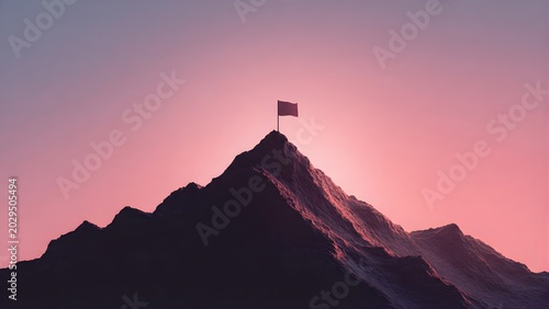 Flag on Mountain Peak at Sunset Symbolizing Achievement and Success.