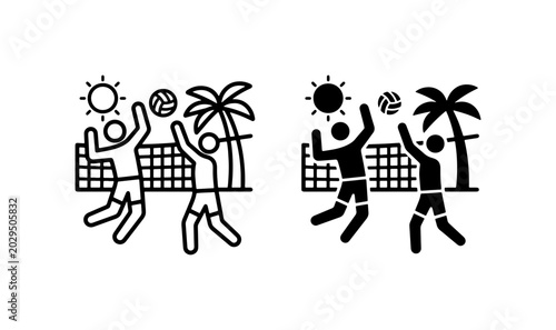 Bild auf Leinwand Beach Volleyball Icons, Summer Sport Vector Set, Two Players, Net, Palm Tree, Su