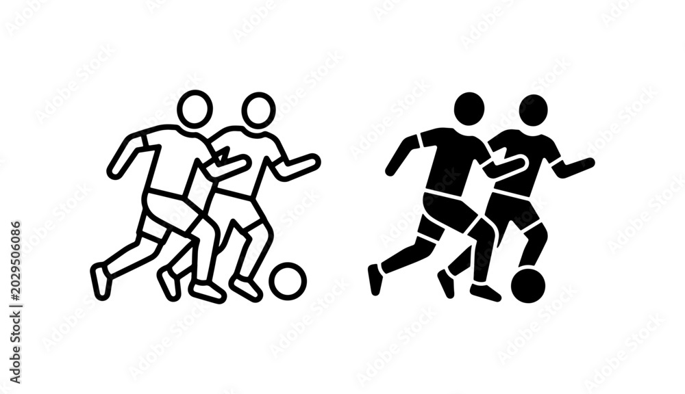Fototapeta premium Two Soccer Players Icon Set, Football Team Silhouette, Dynamic Sports Action, Black and White Vector Graphics for Game Design and Athletic Branding