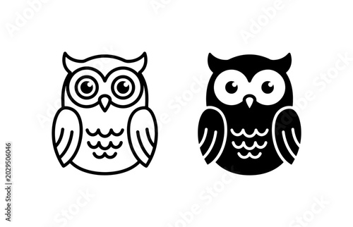 Minimalist owl icon set, black and white bird vector, 2 mascot elements