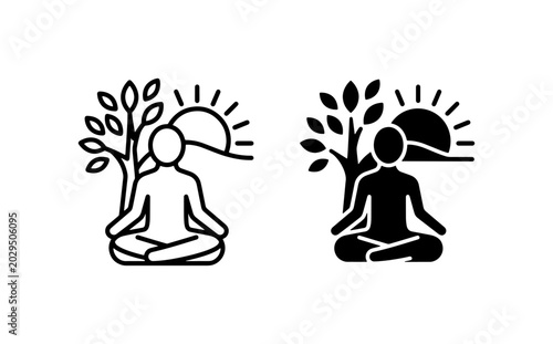 Meditation Icons, Yoga Silhouette, Zen Nature Scene, Mindfulness Vector Art