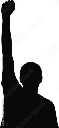 Black silhouette of a person raising a fist in the air as a symbol of protest resistance strength and power