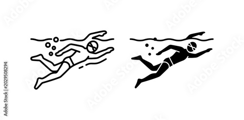 Two styles of swimmer icons, line art and silhouette, underwater, swimming, water sport, athletic, active, healthy lifestyle, summer, vacation, recreation