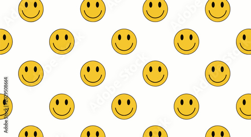 A repeating pattern of yellow smiley faces with black eyes and mouths on a white background
