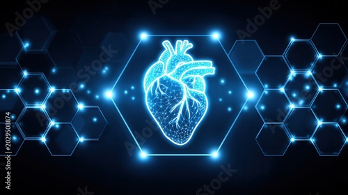 Glowing blue polygonal heart in luminous hex frame, surrounded by hexes & floating light particles on dark bg. Futuristic med tech visualization.