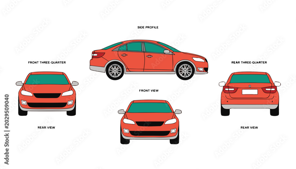Naklejka premium A simple illustration showing a red sedan car from five angles: side profile, front view, rear view, front three‑quarter, and rear three‑quarter. Each view highlights the car’s shape, headlights.