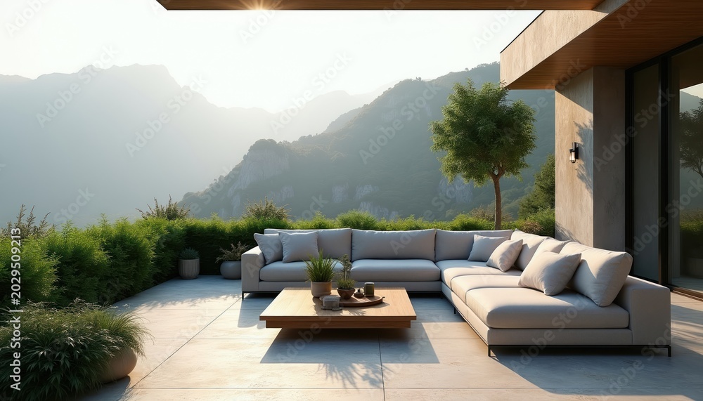 Fototapeta premium Modern terrace with grey sectional sofa and wooden coffee table offers mountain views. Rich green hedges and plants surround outdoor seating area. Peaceful retreat for relaxation and enjoying nature.