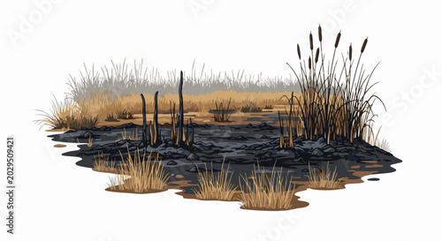 A marshy landscape with burnt ground and dry reeds, featuring cattails