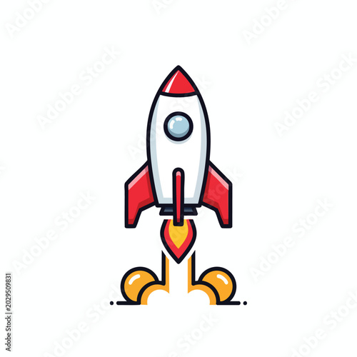 Cartoon style illustration of a space rocket launching into the sky.