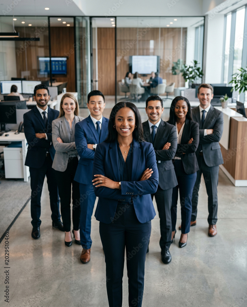 Fototapeta premium Diverse banking team standing in modern premium bank office with confident female financial advisor in foreground, bankers and investment consultants, professional finance workplace corporate portrait