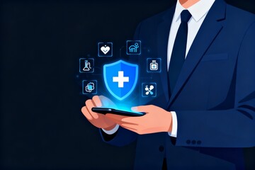 Businessman holding smartphone with health icons