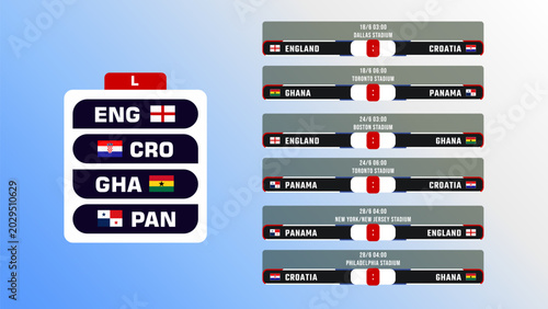 World Soccer Football Championship Group L Stage Fixtures Schedule Vector Illustration