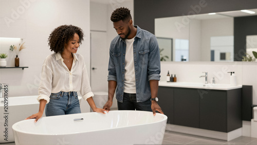 Young African American couple shopping for a modern freestanding bathtub in a bright, new bathroom showroom. They are happy with their home renovation choice