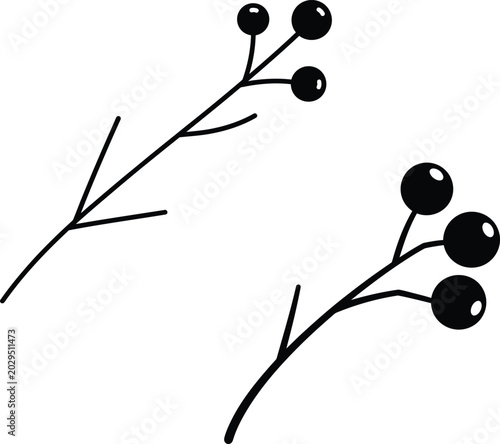 Simple black hand drawn berry branches set with round berries for natural design and forest themes