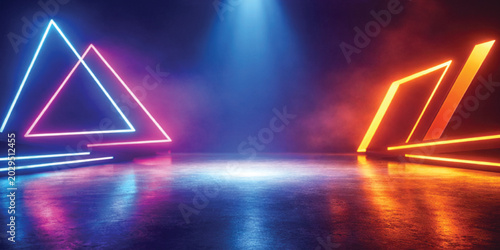 Futuristic neon background with empty cyberpunk stage, glowing blue and pink triangles, orange lights, reflective floor, and cinematic fog