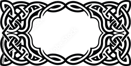 Intricate black and white celtic knotwork decorative frame illustration with a classic medieval artistic style.