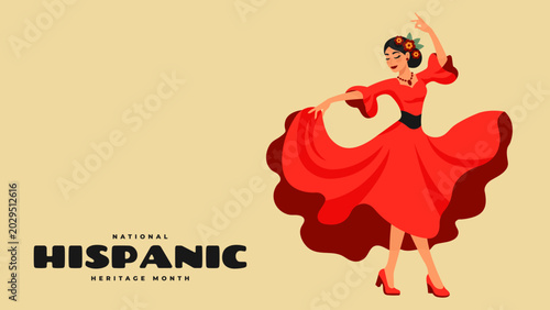 National Hispanic Heritage Month poster with full body dancing woman vector illustration.