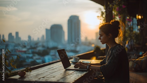Young woman working on laptop at cafe with city skyline sunset view.