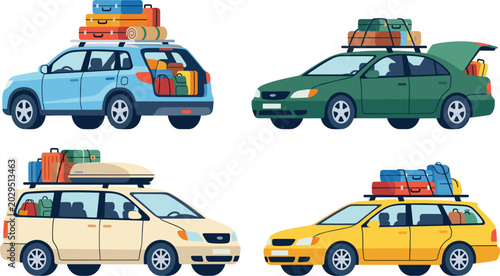 Family road trip car vector icon set with luggage on roof rack isolated on background