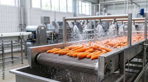 Industrial carrot washing line cleaning fresh carrots on a stainless steel conveyor in a food processing plant. Automated vegetable washing machine in modern produce processing factory.