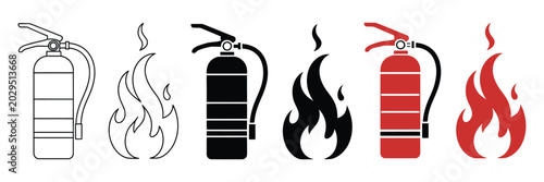 Foto Fire extinguisher vector icons set, emergency safety equipment silhouettes, red and black fire protection symbols for industrial security signage, rescue preparation, and workplace hazard prevention