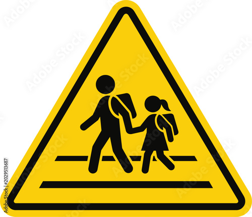 School zone warning crosswalk sign vector illustration with children walking on yellow triangular background